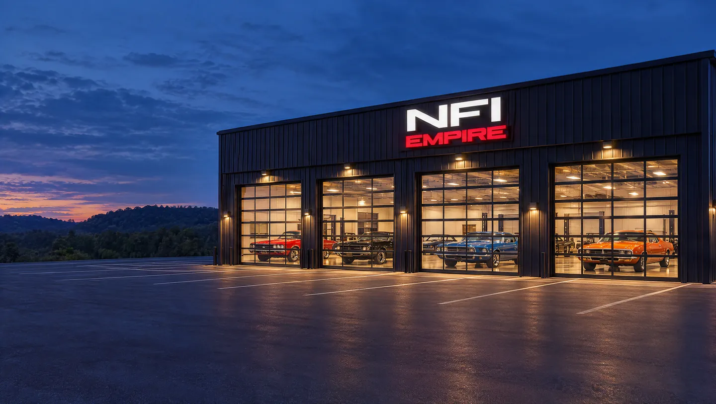 The NFI Empire showroom at dusk, its glass garage doors lit with classic cars inside under the NFI EMPIRE sign