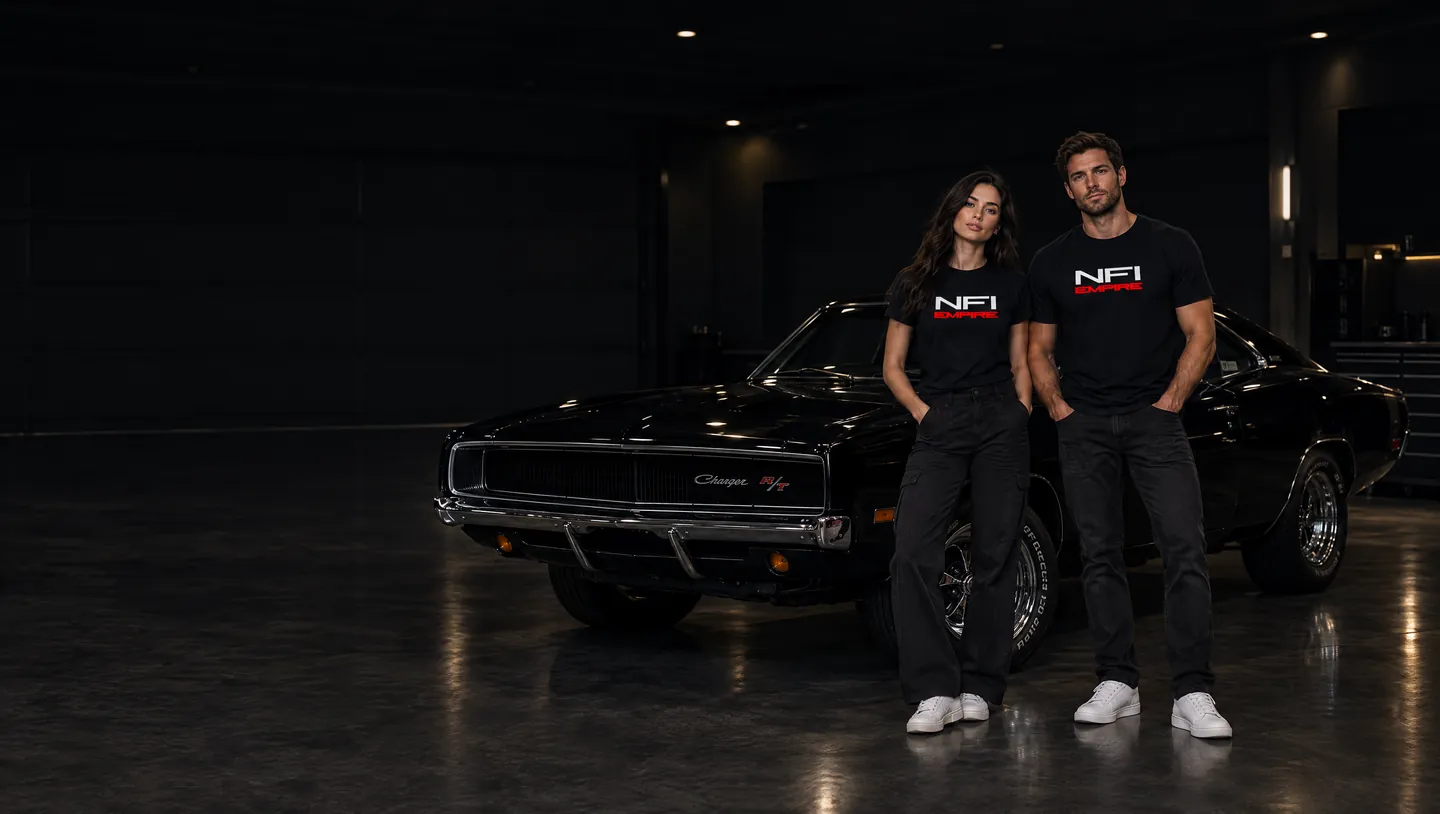 Two people in black NFI Empire t-shirts in front of a black 1969 Dodge Charger