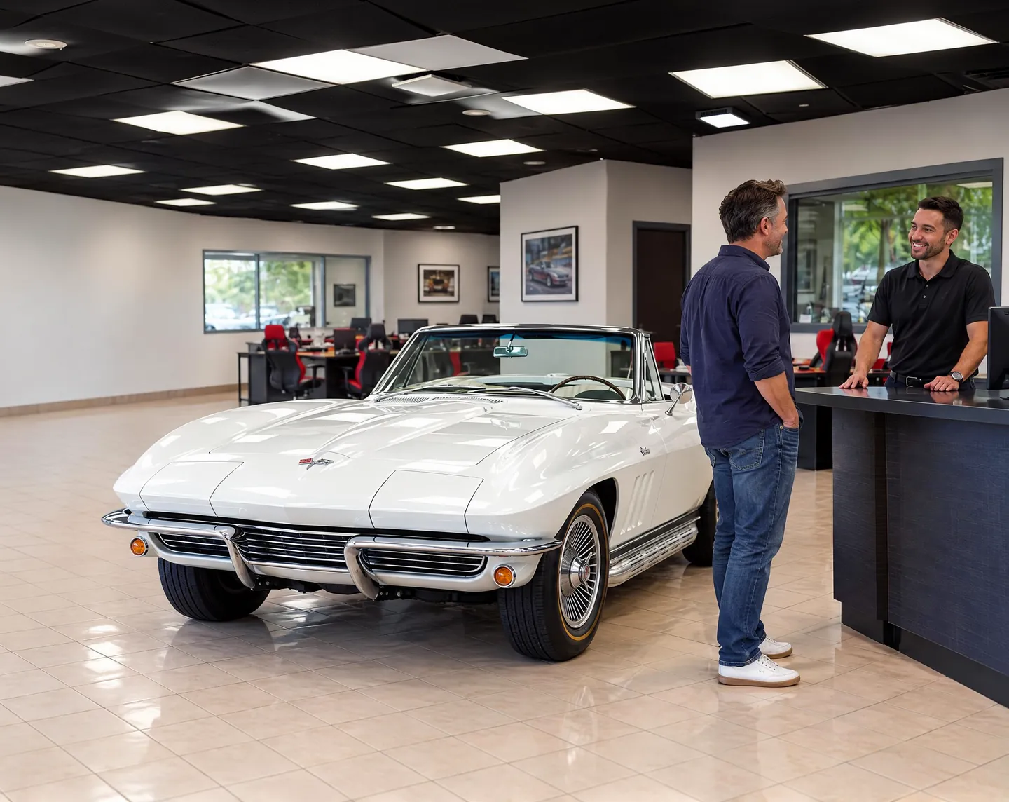 An NFI Empire salesperson welcoming a customer at the showroom front desk beside a white Corvette Sting Ray convertible