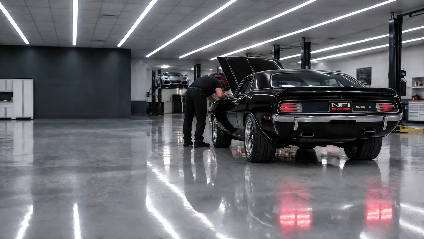 A black 1970 Hemi 'Cuda in the NFI Empire service shop, hood up, a technician bent into the engine bay