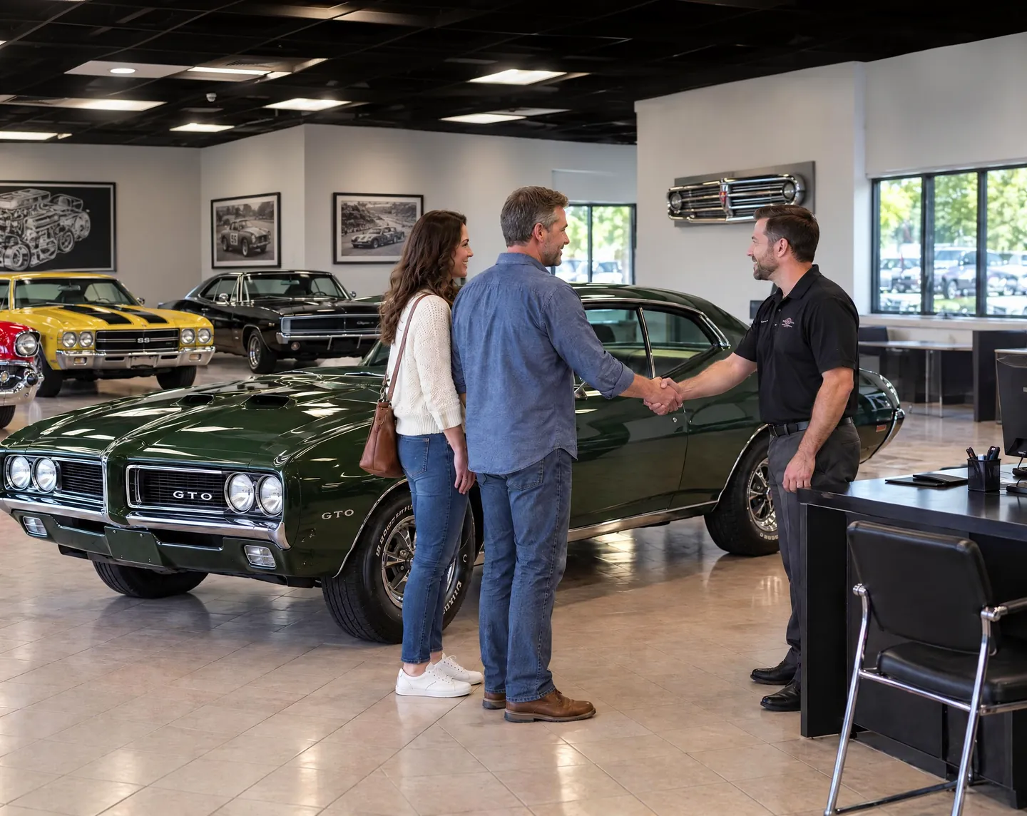 A couple shaking hands with an NFI Empire salesperson beside a green Pontiac GTO in the showroom