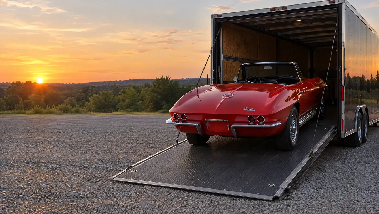 A red Corvette Sting Ray convertible being loaded into an enclosed trailer at sunset