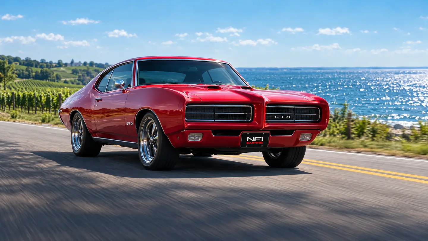 A red 1969 Pontiac GTO on a shore road between vineyards and Lake Erie