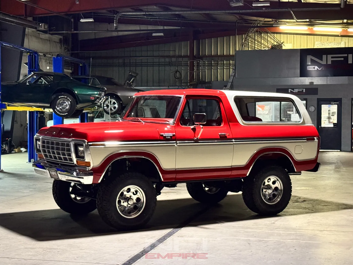 The finished 1978 Ford Bronco Ranger XLT charity build in the NFI Empire shop