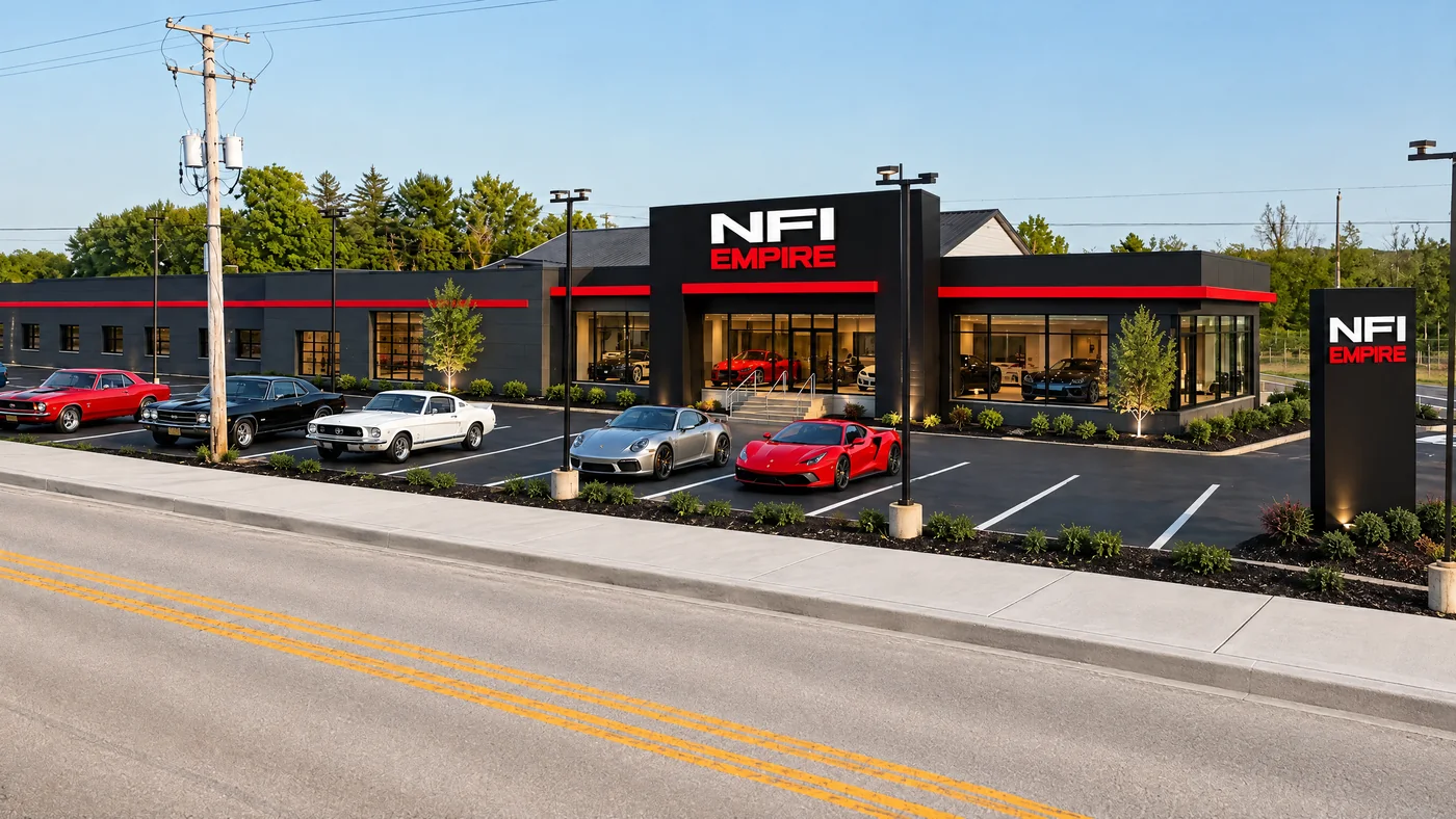 Concept rendering of the Sales & Technical Development Facility after renovation: black and red NFI Empire facade, illuminated NFI Empire sign, collector cars in the lot and showroom