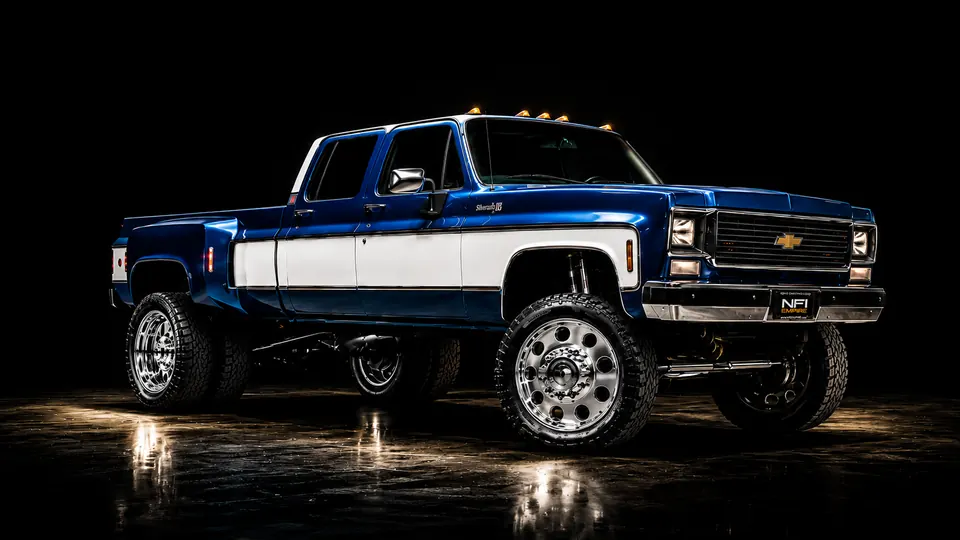 Project REBORN-001, a blue and white 1979 Chevrolet K30 crew cab dually